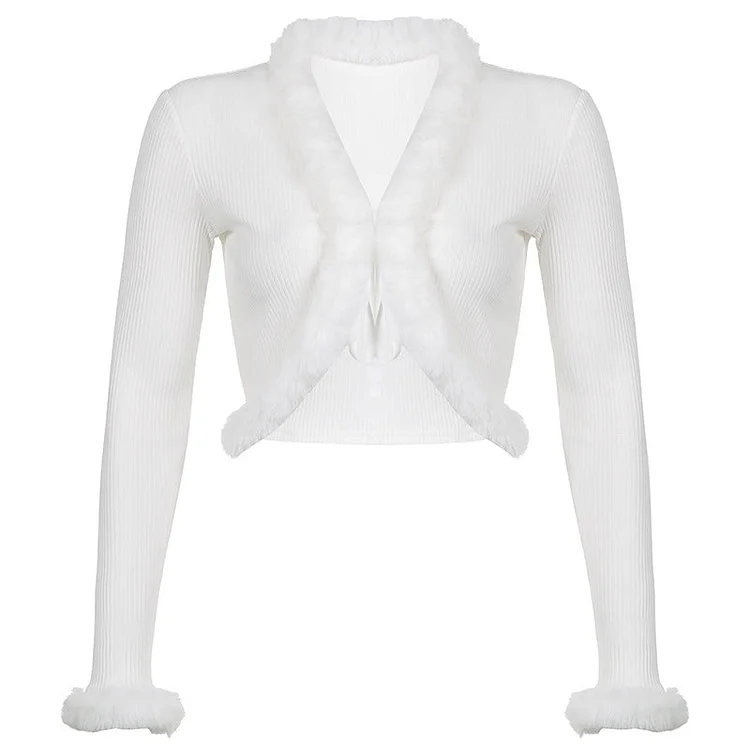 Knit Fur Open Front Crop Cardigan - Gotamochi Kawaii Shop, Kawaii Clothes