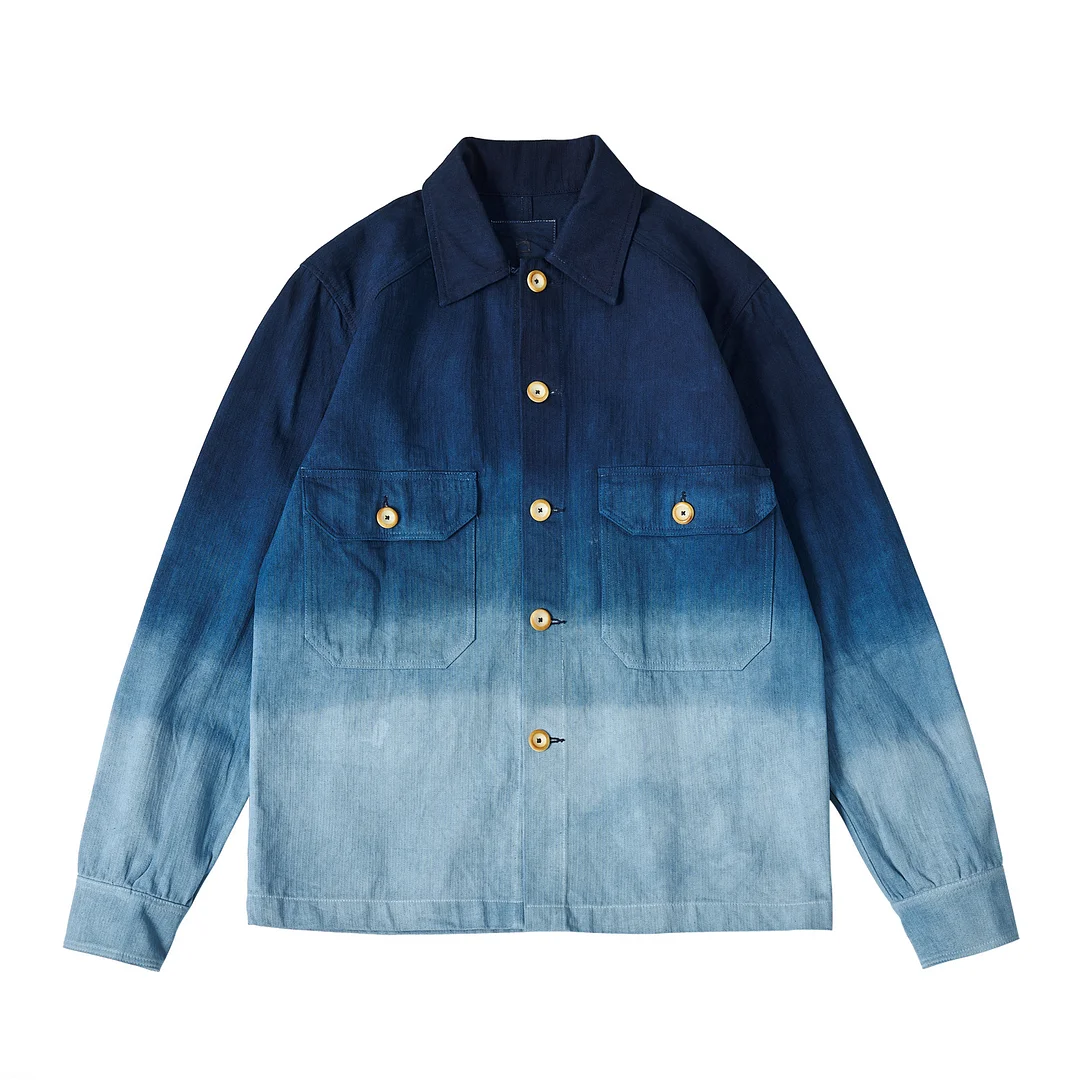 Men's Indigo Blue Dyed Loose Coat Ancient Tie Dyed Deep Light Blue Gradient Retro Workwear Jacket