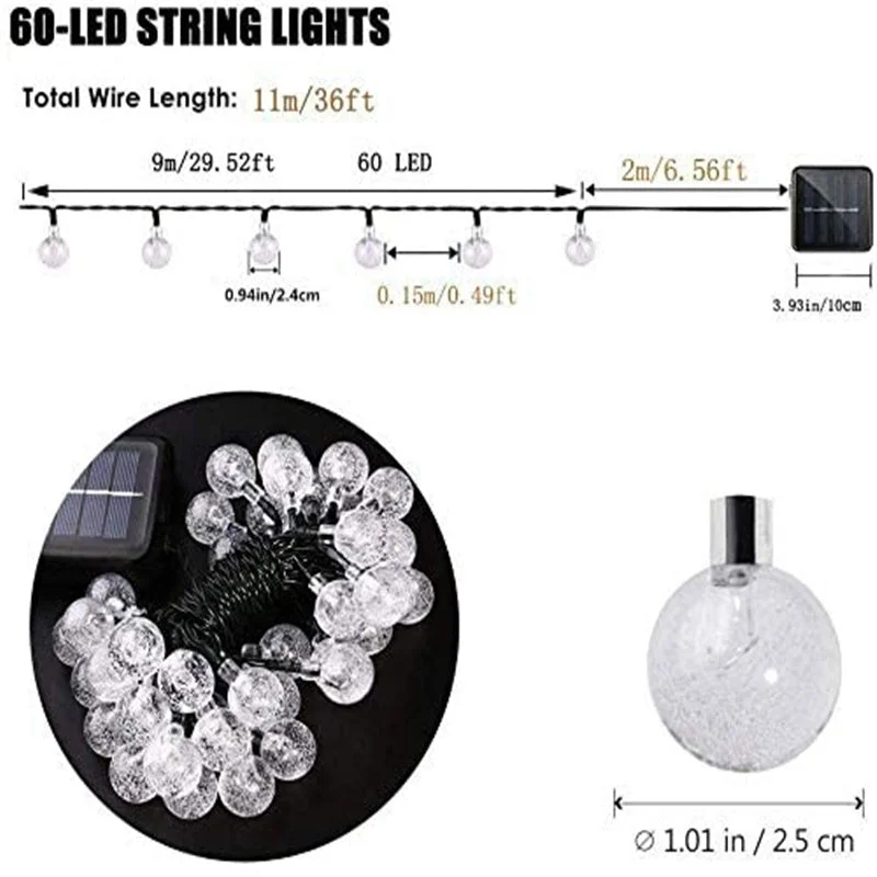 Solar Garden Lights, 60 LED 30ft Waterproof Outdoor String Lights Solar Powered Crystal Ball Decorative Lights for Garden,Patio,Yard,Home,Chrismas Tree,Parties,Warm White, 30feet