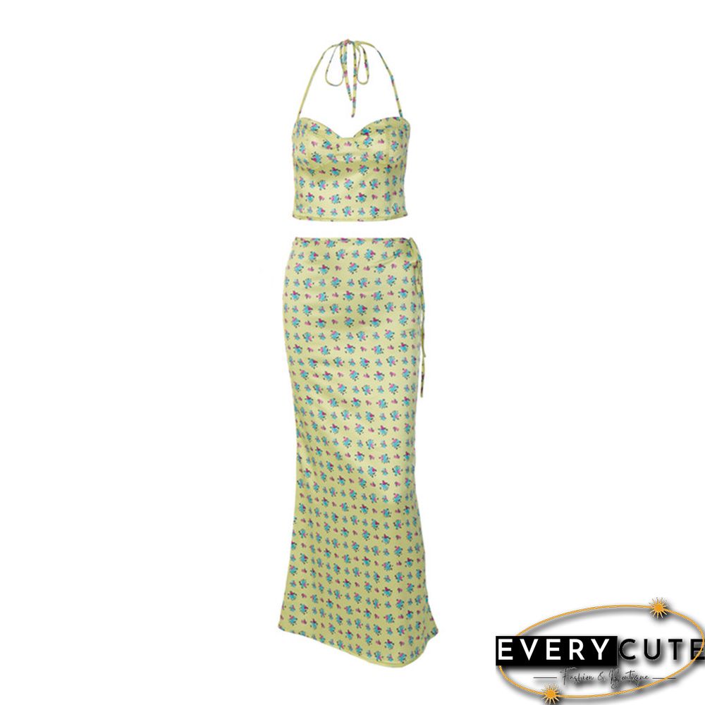 Floral outfit fairy grunge two piece set halter crop top and high waist long skirt y2k