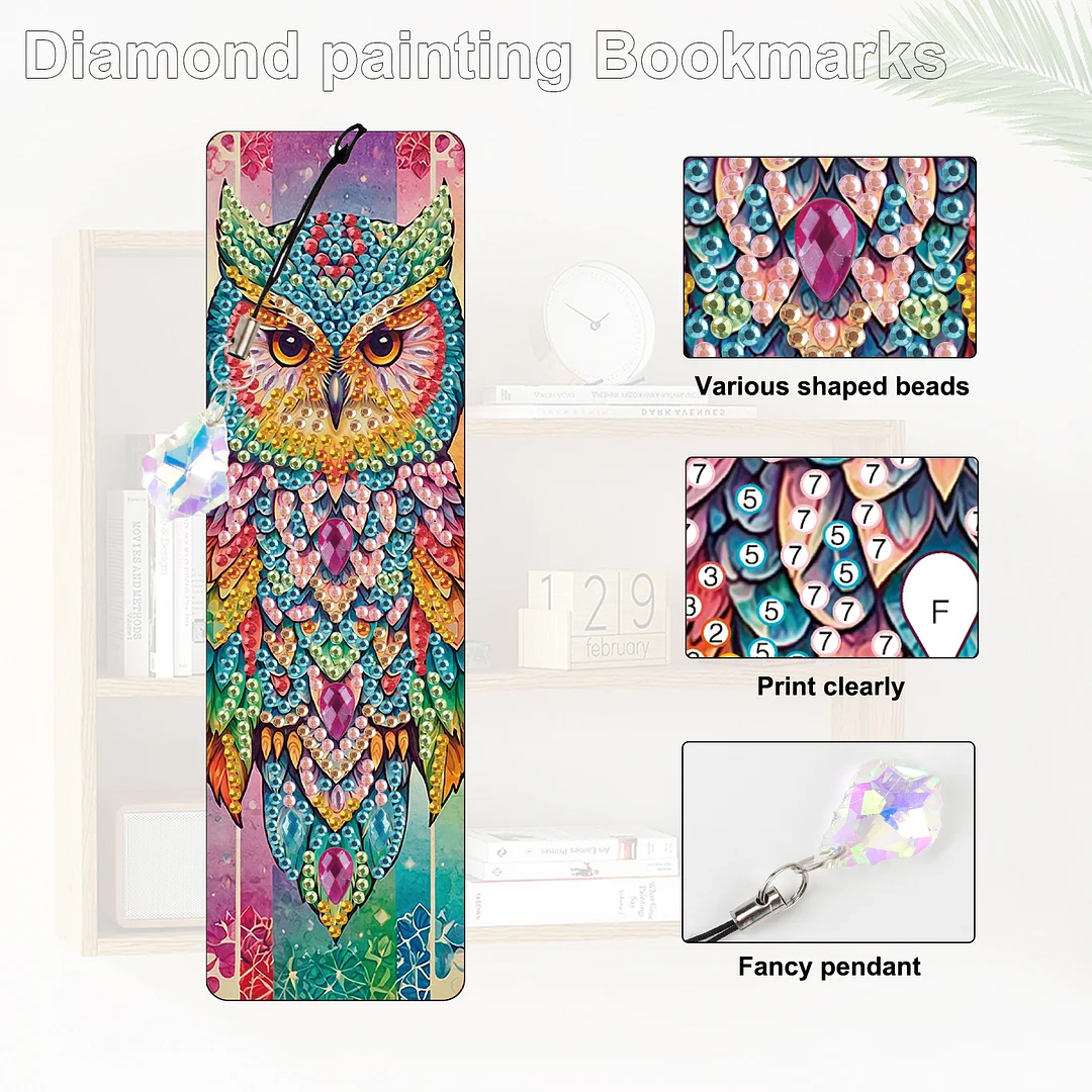 4Pcs Colorful Owl DIY Diamond Bookmark Art Projects Irregular Shaped Diamonds Diamond Painting Art Bookmarks with Crystal Pendants for DIY Making Beginners Adult Art Craft Supplies