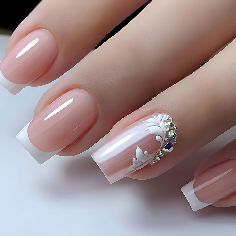 Gamehomew 24pcs French Blue Side False Nails Wearable Rhinestone Desgin Fake Nails Short Simple Nail Full Cover Nail Tips Press On Nails