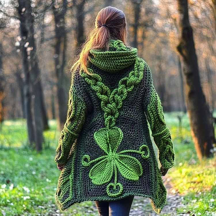Women's Irish Celtic Knotted Clover Jacquard Hooded Cardigan Sweater