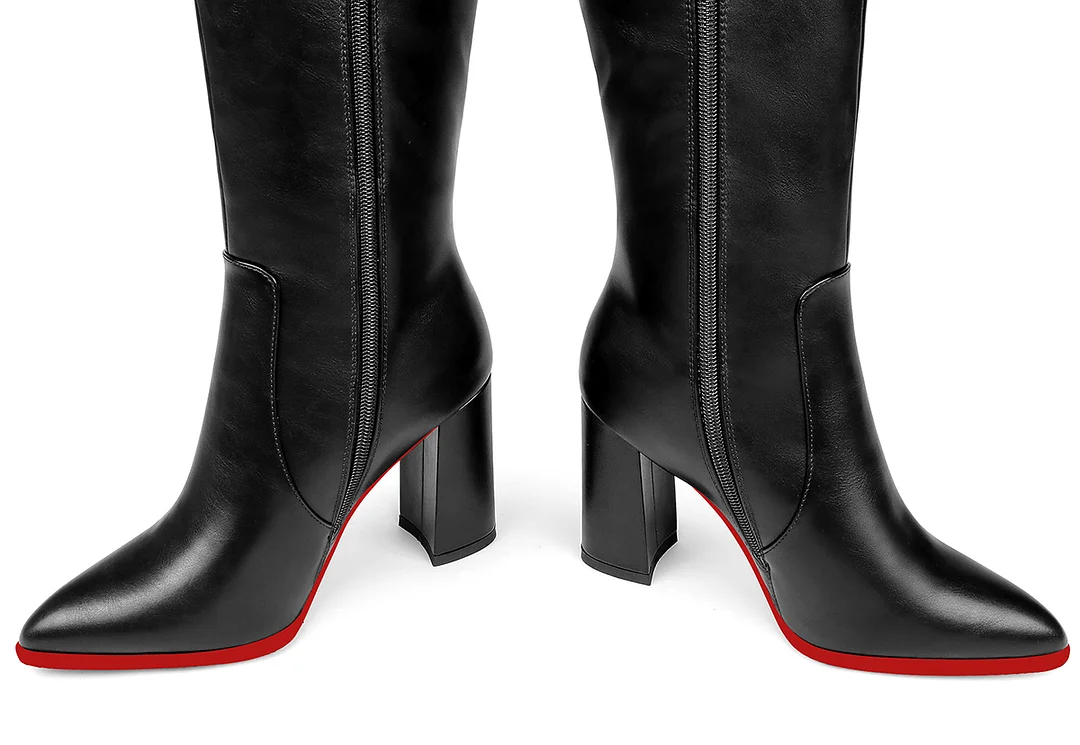 95mm Women's  Knee Boots Leather Red Bottom Chunky High Heels Boots-MERUMOTE