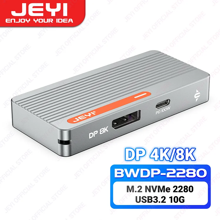 JEYI M.2 NVMe 2280 SSD Enclosure Adapter Aluminum Case with USB3.2 10Gbps  HDTV/DP at 100W Quick Charge for 8K/4K Video Output.