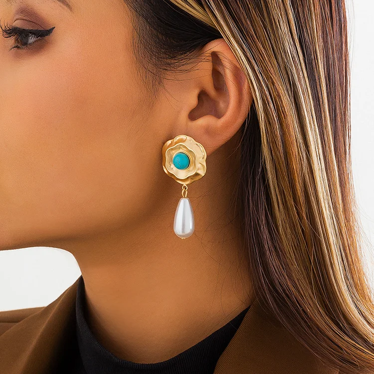 Metal Turquoise Fashion Pearl Drop Earrings