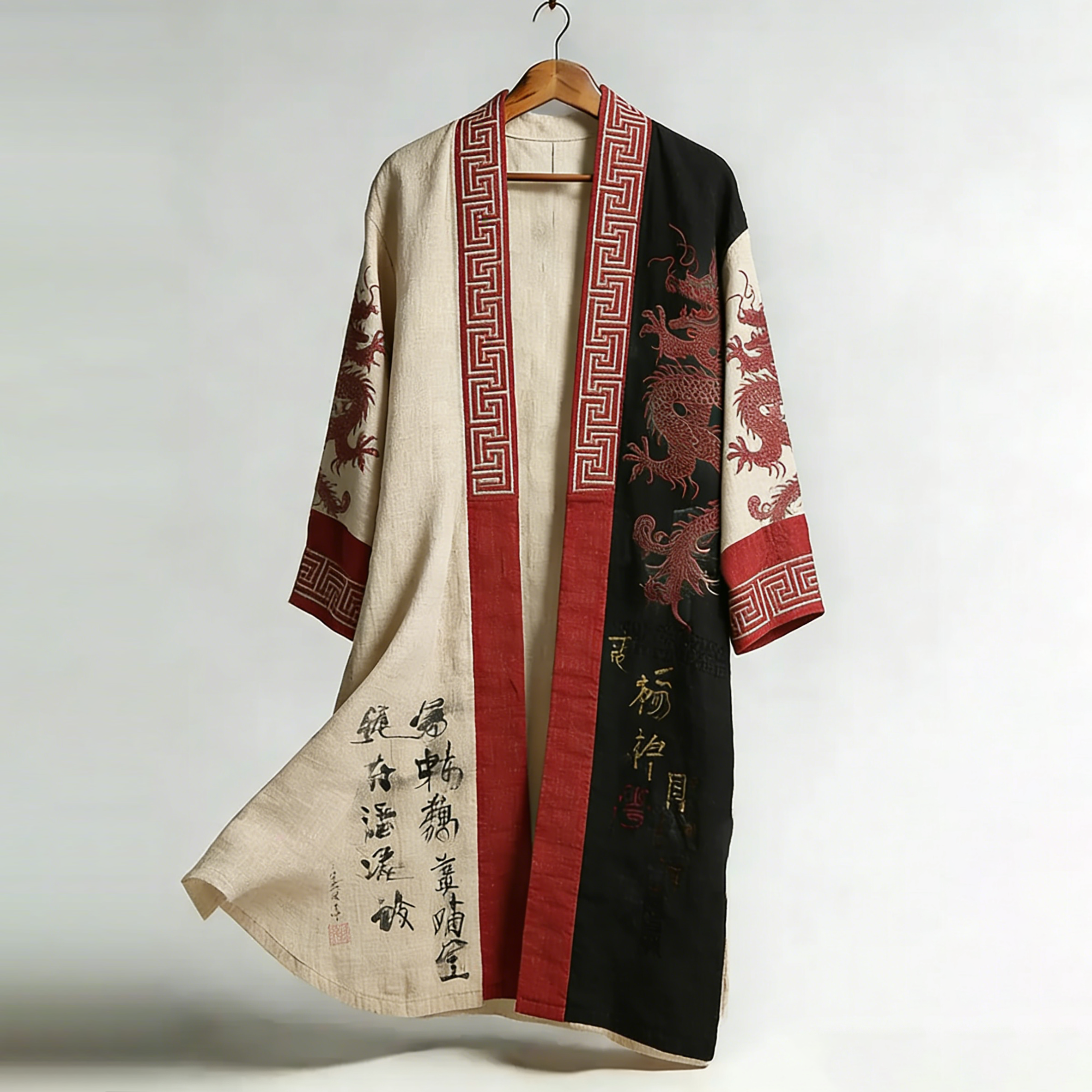 Japanese Style Retro Calligraphy Dragon Art Patchwork Flowing Kimono  artssus