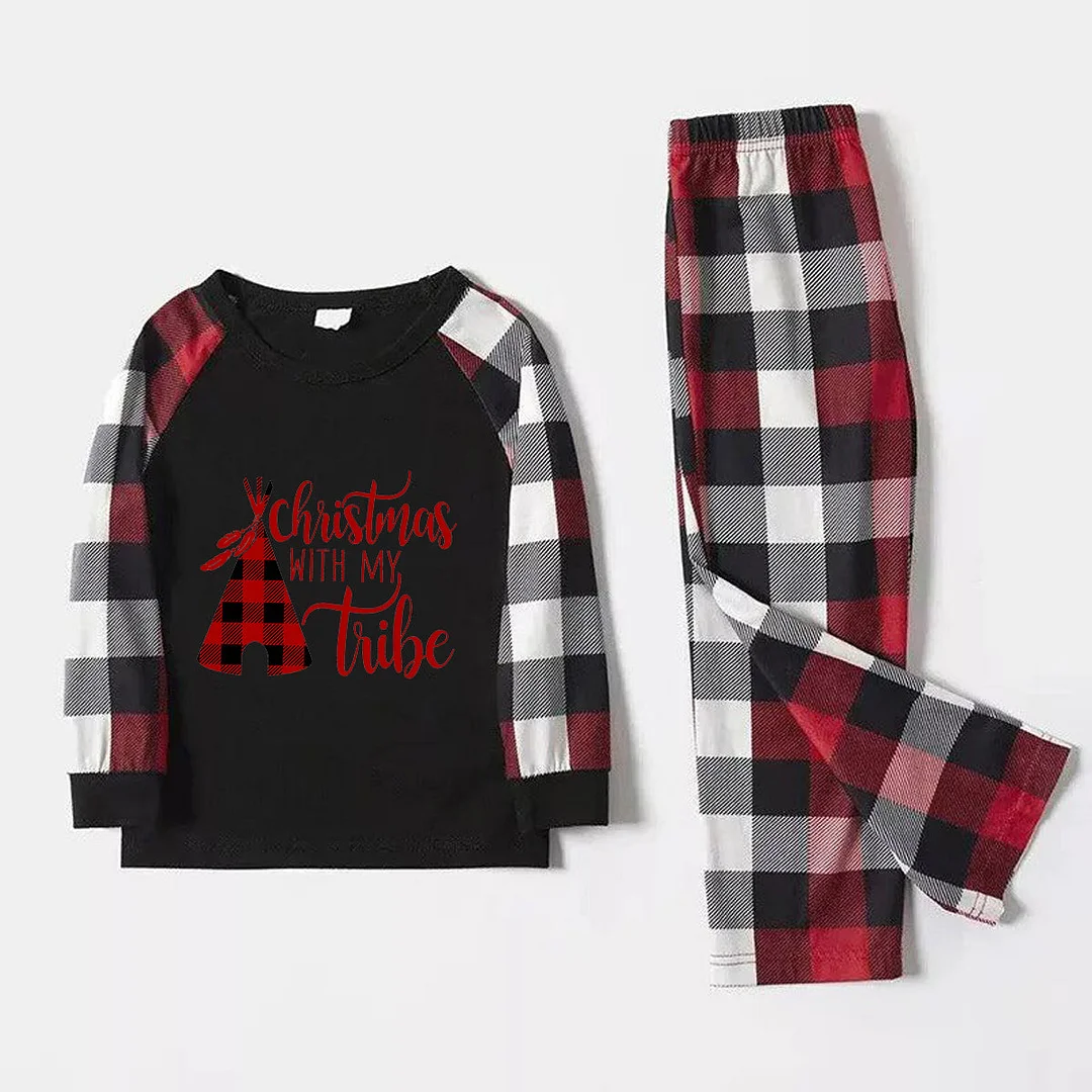 Family Christmas Shirts Christmas Tree Buffalo Plaid Patterned and 'Christmas WITH MY Tribe ' Letter Print Contrast Tops and Red & Black & White Plaid Pants Family Matching Pajamas Set With Dog Bandana