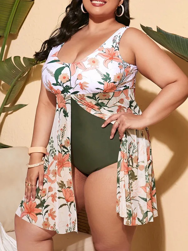 Plant Print Ruffle Hem One Piece Swimsuit - Rose Toy