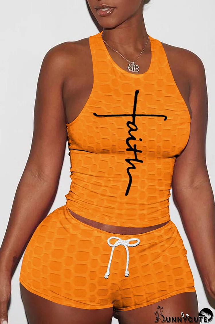 Orange Sexy Sportswear Print Split Joint O Neck Sleeveless Two Pieces