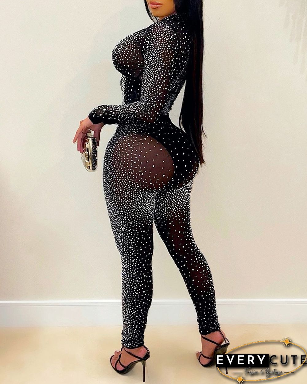 Mesh Plunge Studded Top & High Waist Pants Set
