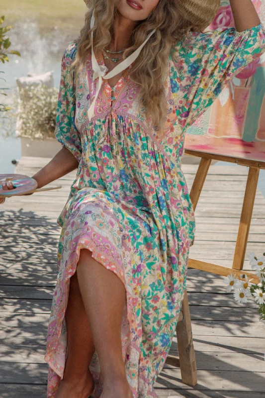 Resort style abstract floral print V-neck long dress