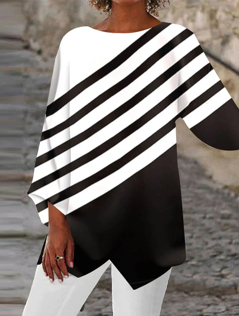 Women's Asymmetrical 3/4 Sleeve Scoop Neck Striped Printed Graphic Tops