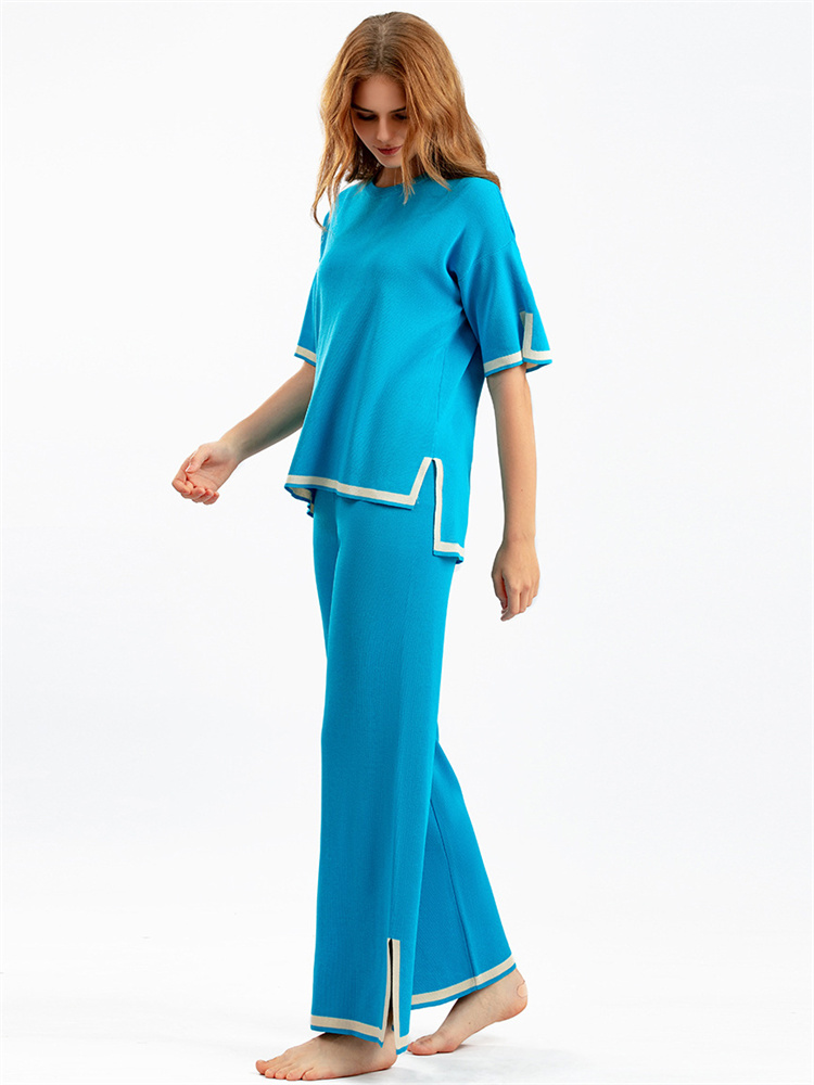 Ootddress Contrast Knit Trousers 2 Piece-Set Female Slim Patchwork Loose Casual Streetwear Pullover And Wide Leg Women's Pants Sets