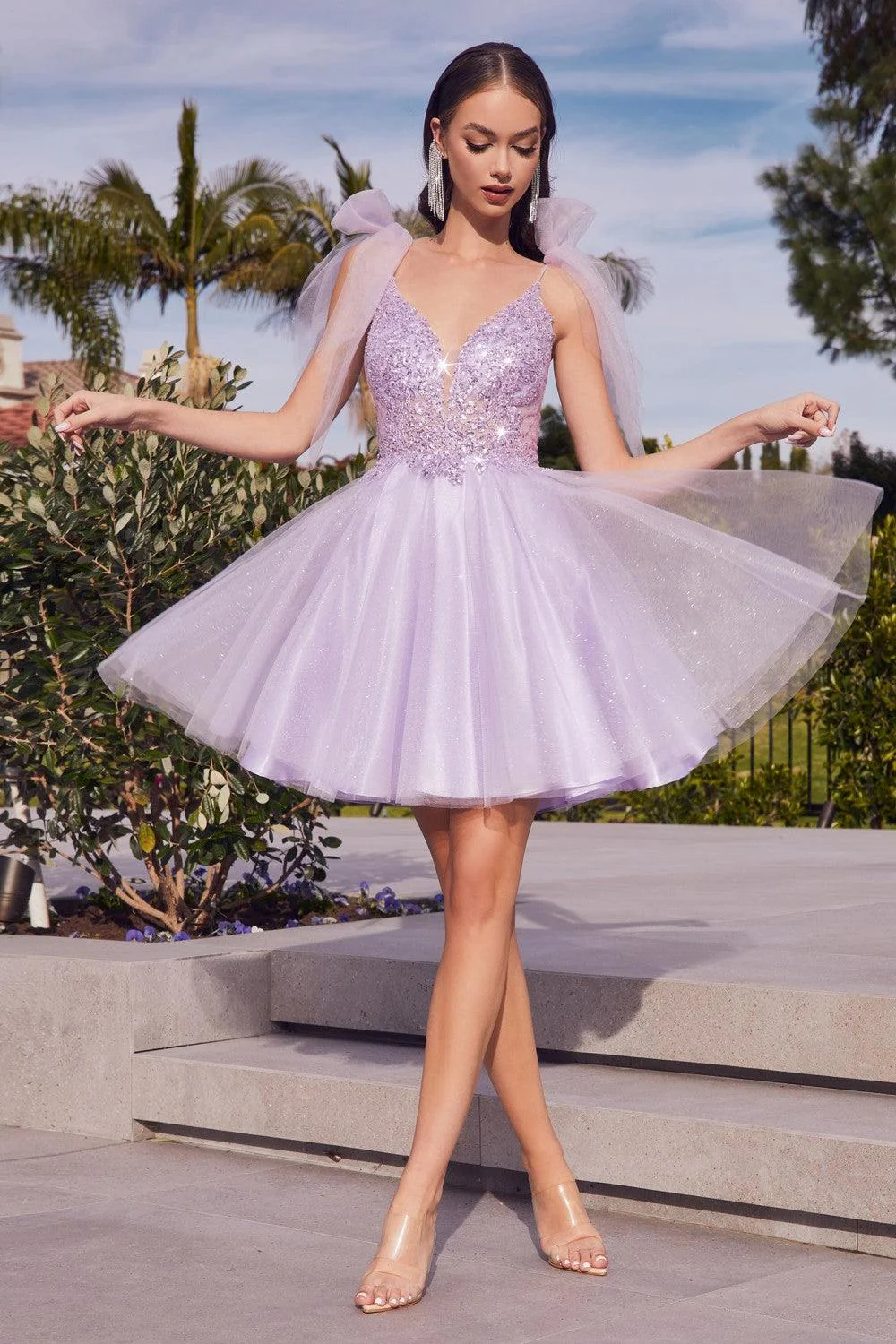 Sweet Lilac Beaded V-Neck Tulle Bow-Knot Mini Homecoming Dress HC0199