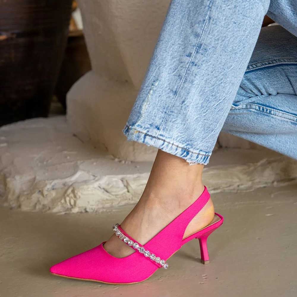 Hot Pink Satin Pointed Toe Kitten Heel Rhinestone Slingback Pumps Nicepairs