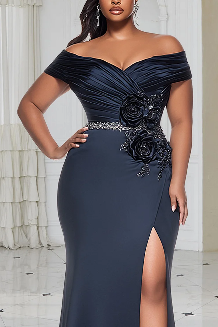 Xpluswear Design Plus Size Formal Navy Blue Off The Shoulder Split Elegant 3D Satin Maxi Dresses [Pre-Order]
