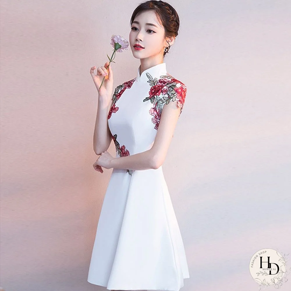 Modern Elegant dress Wedding Pi pao Short Cheongsam Dress Mini Qipao Chinese Oriental White Evening Dress Women Hot