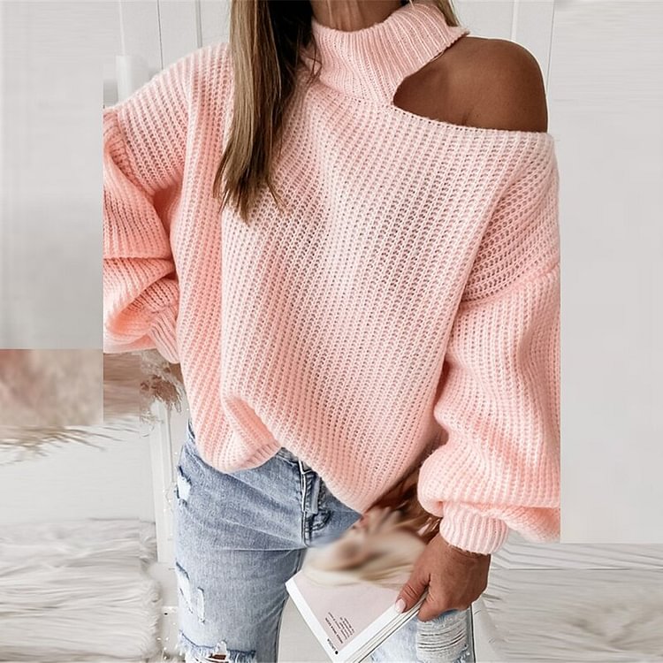 Women Sexy Off Shoulder Pullover Sweater Autumn Fashion Turtleneck Solid Jumper Top Winter Casual Long Sleeve Loose Knitted