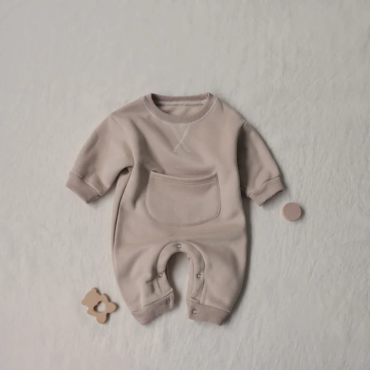 Baby Boy/Girl Pocket Design Solid Color Long Sleeve Fluff Romper