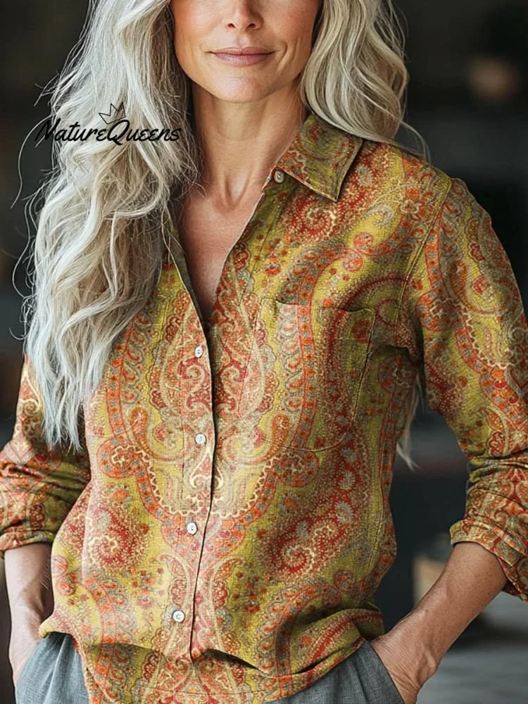 Women's Vintage Ethnic Floral Art Print Casual Long Sleeve Comfortable Cotton Shirt