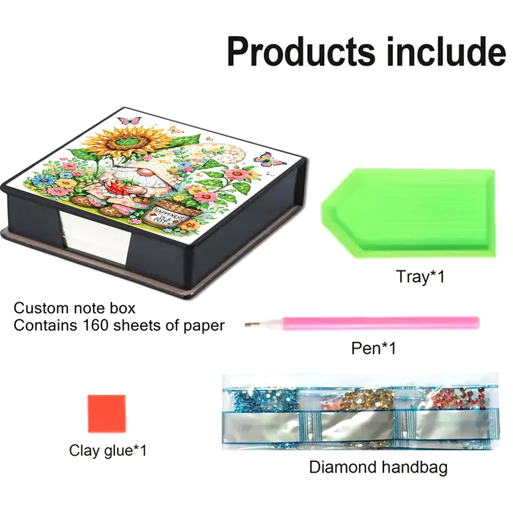 DIY Flower Gnome Leather Diamond Art Note Box with 160 Sheets of Paper for Beginners