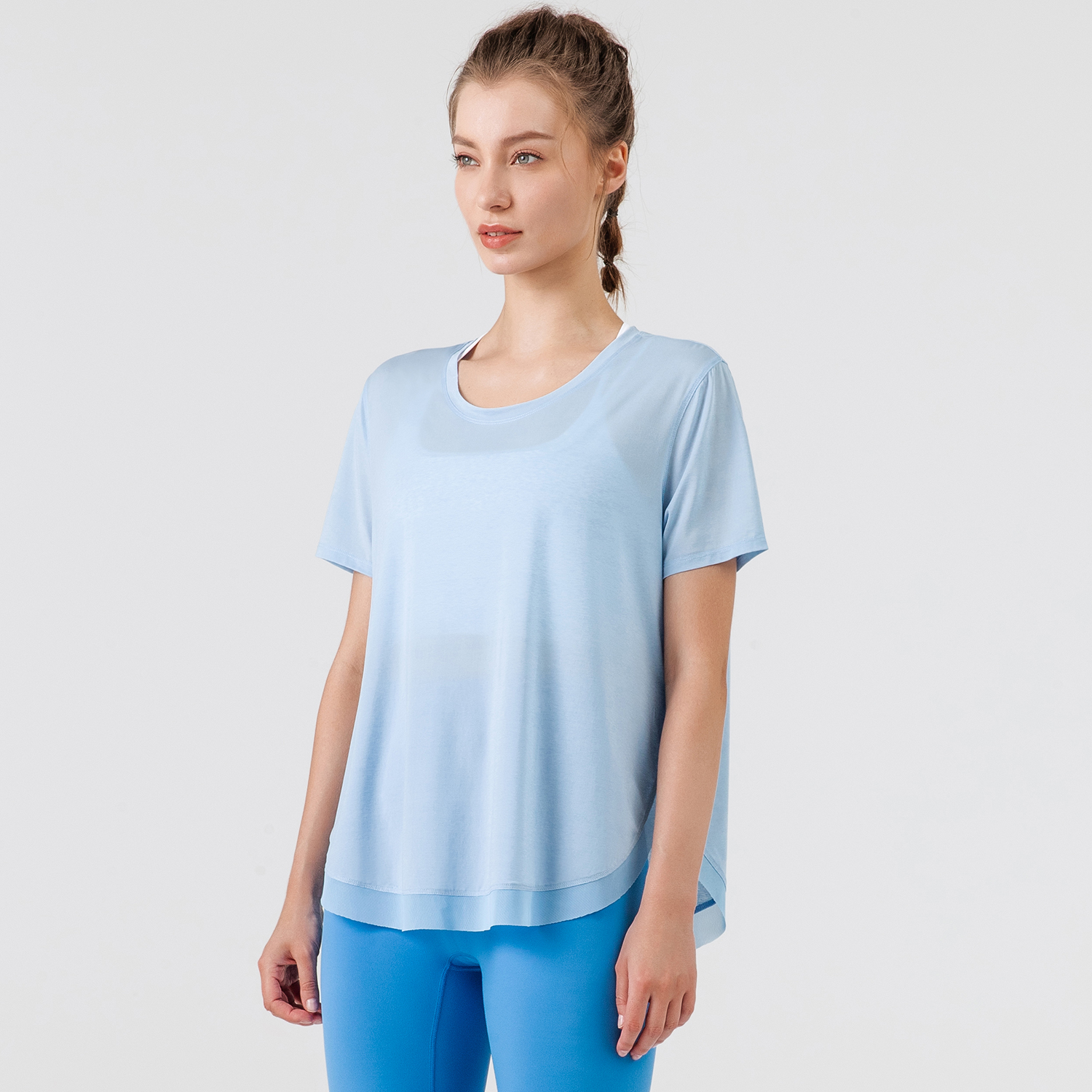 Different types of short sleeve v sided split mesh breathable loose sports running t-shirt online shopping on Hergymclothing Sky Blue