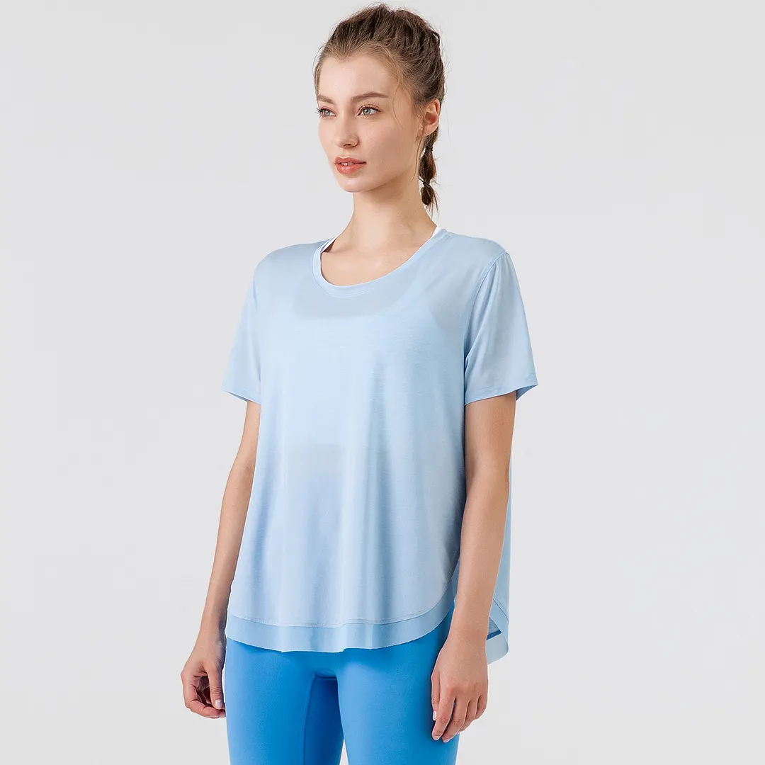 Different types of short sleeve v sided split mesh breathable loose sports running t-shirt online shopping on Hergymclothing Sky Blue