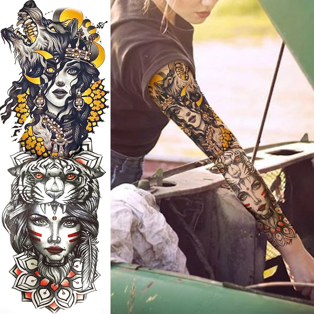 Sdrawing Military Wolf Temporary Tattoos Sleeve For Men Adult Fake 3D Lion Skull Tatoos Sticker Full Arm Warriors Tattoos For Show