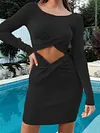 Stylish Knitting Solid Color Cross-Strap Hollow Long Sleeves Round-Neck Mini Dress