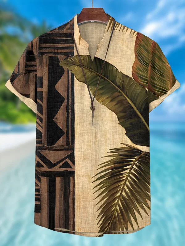 Men's Retro Ethnic Pattern Tropical Leaves Art Print V Neck T-Shirt