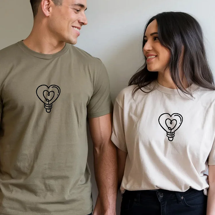 Couple Heart Love T-shirt Gift, Heart Lightbulb Printed On The Chest, Valentine's Day Gifts, Anniversary gift