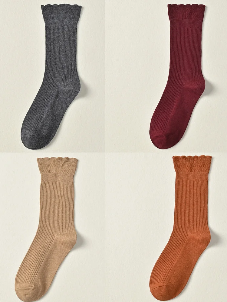 4 Pairs Women Vintage Pure Color Cotton Mid-Calf Socks
