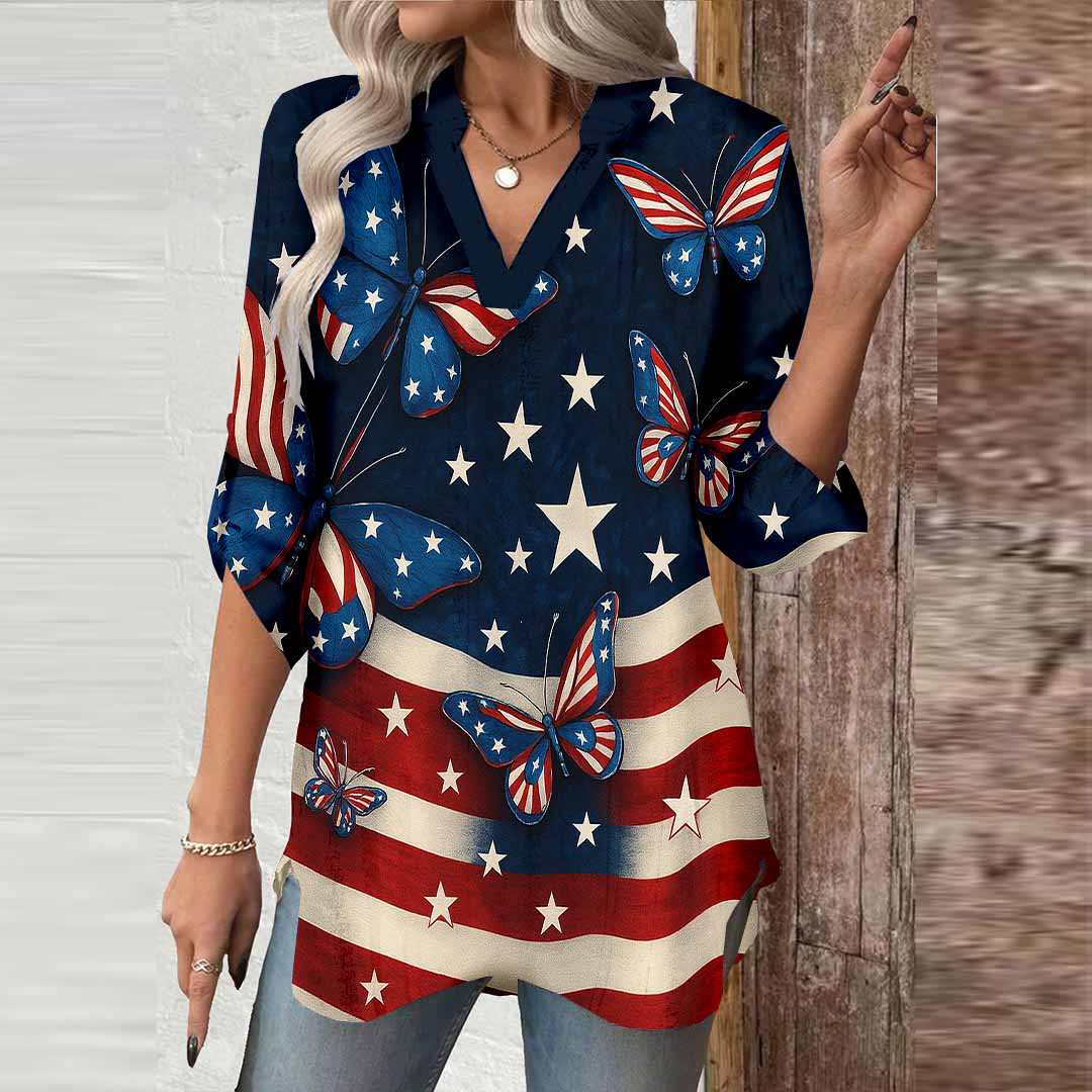 Women  Independence Day, Star, Striped, Blue, Red DZGA0242 3/4 Sleeve V-neck Printed Graphic Button Tops