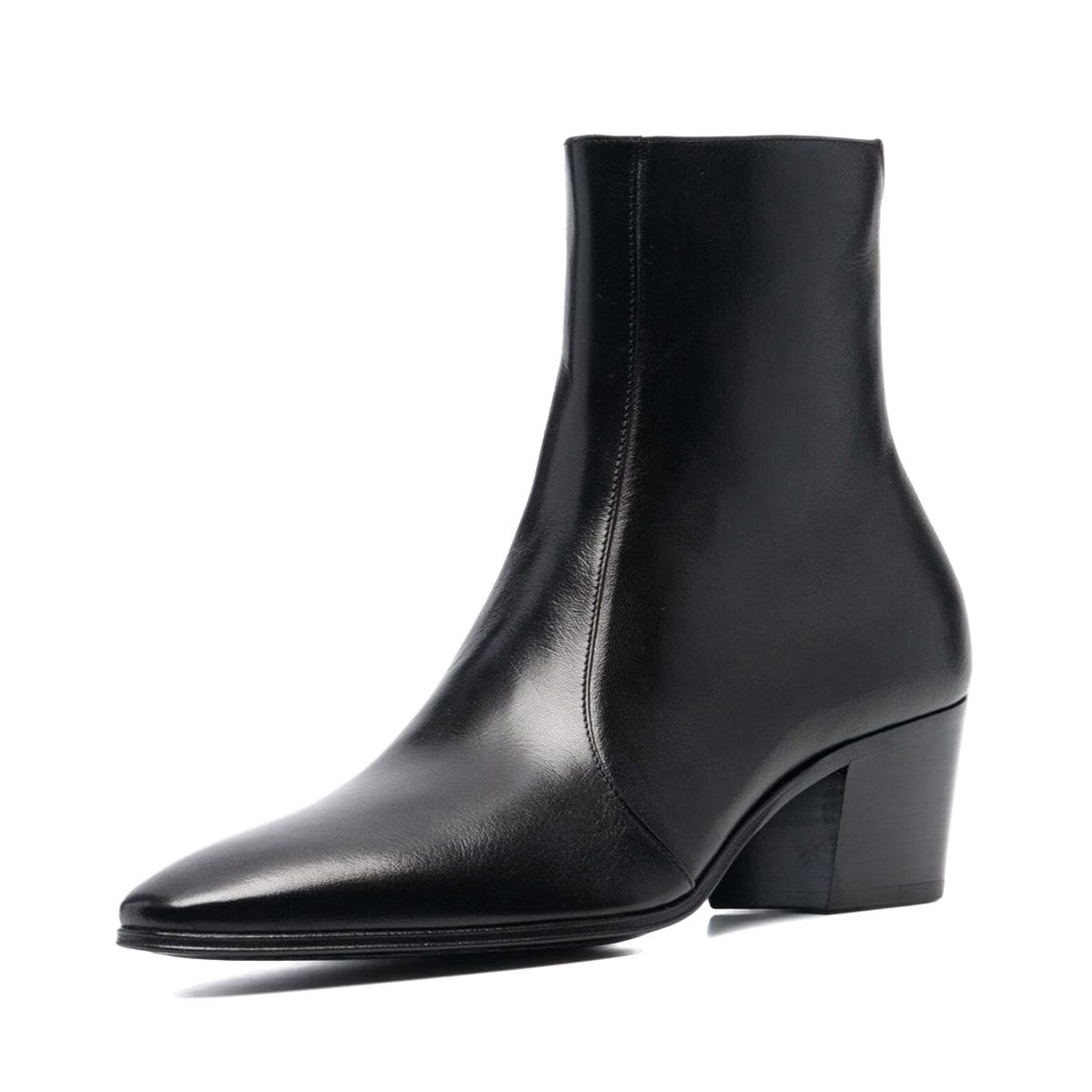 Black Vegan Leather Zipper Almond Toe Chunky Heel Booties for Women Nicepairs