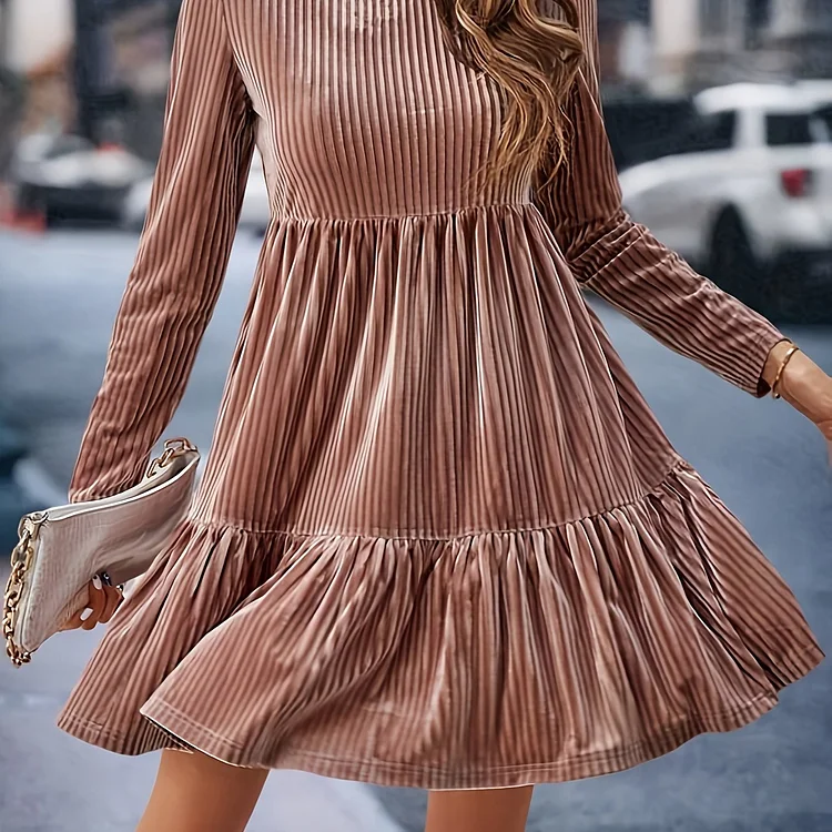 Solid Ruffle Hem Dress, Casual Crew Neck Long Sleeve Dress, Women's Clothing