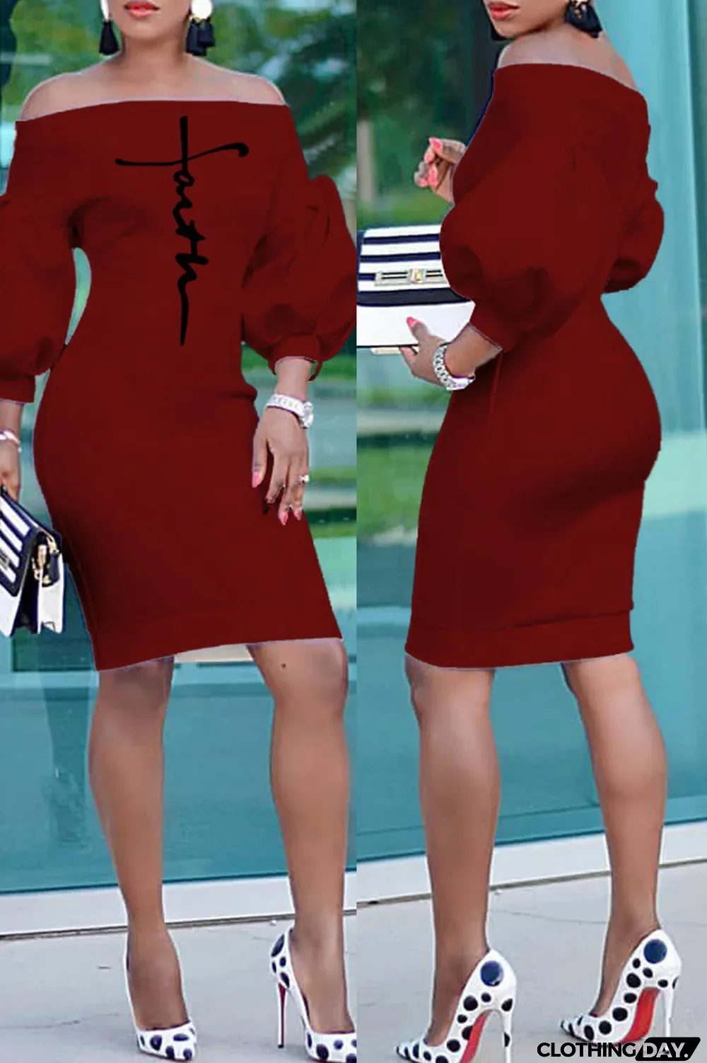 Red Fashion Casual Print Backless Off the Shoulder Dresses