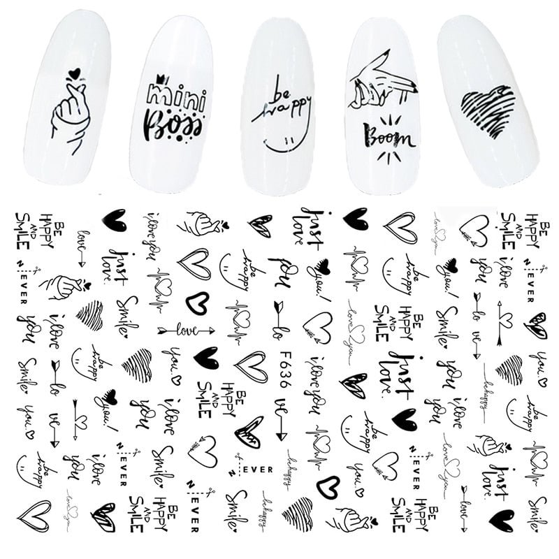 Heart Love Design 3D Nail Sticker English Letter Stickers Face Pattern Trasnfer Sliders Valentine's Day Nail Art Decoration