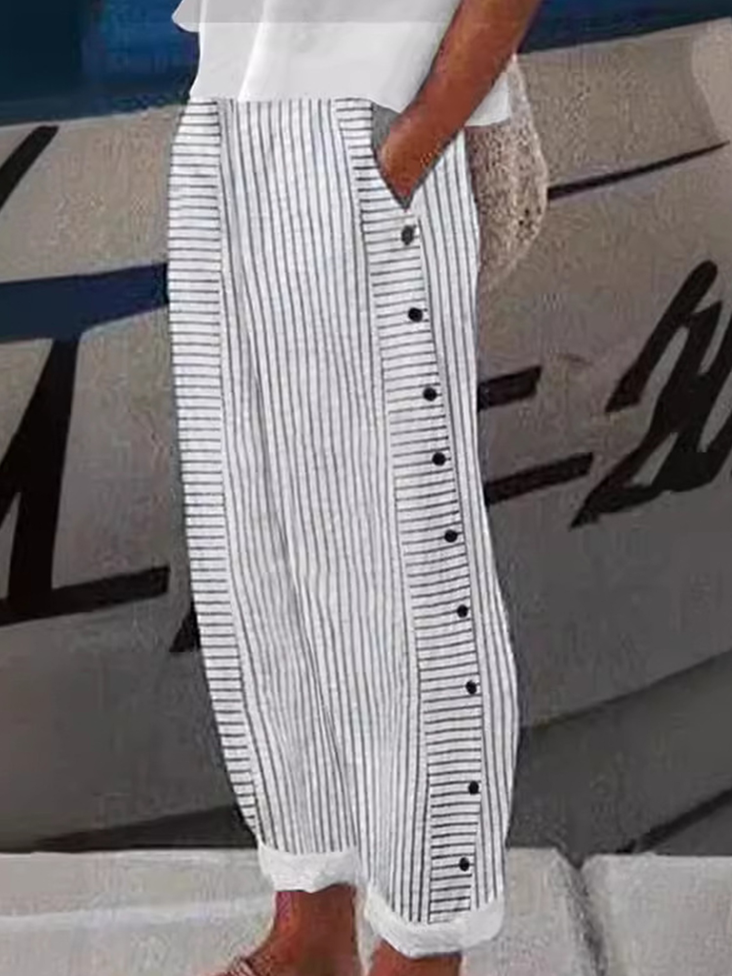 Women's Mint Green & White Striped Wide-Leg Palazzo Pants - Relaxed Fit Casual Summer Sleep Pants With Pockets, Non-Stretch Fabric For Lounge & Daywear, Comfy Pants, Clothing Comfort, Comfortable Fit, Practical Pockets, Trendy Trousers | IFYHOME