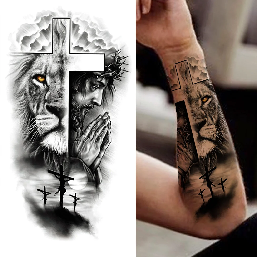 Cross Lion Temporary Tattoo For Women Men Adult Skull Tiger Wolf Forest Tattoo Sticker Black Fake Realistic Demon Tatoos Forearm 530