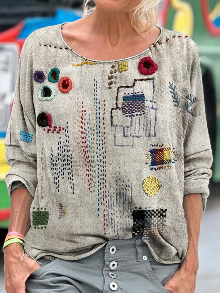 Colorful Embroidered Japanese Sashiko Art T Shirt