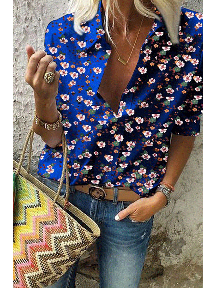 Floral print V-neck Long-sleeved Shirt