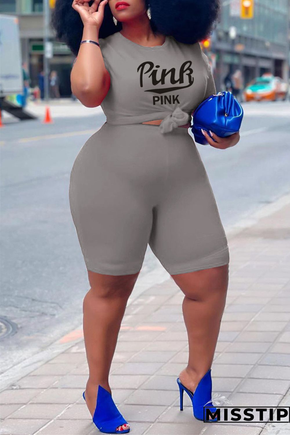 Grey Fashion Casual Letter Print Basic O Neck Plus Size Two Pieces