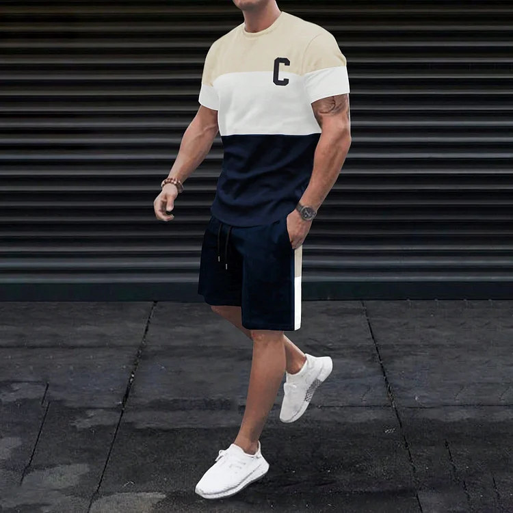 BrosWear Color Matching “C” Printing T-Shirt And Shorts Co-Ord