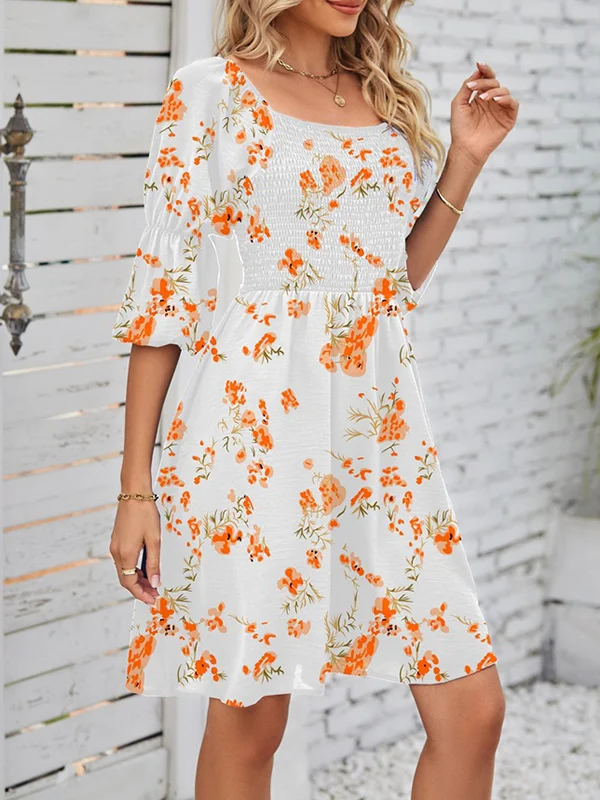 Roomy Puff Sleeves Contrast Color Floral Stamped Square-Neck Mini Dresses