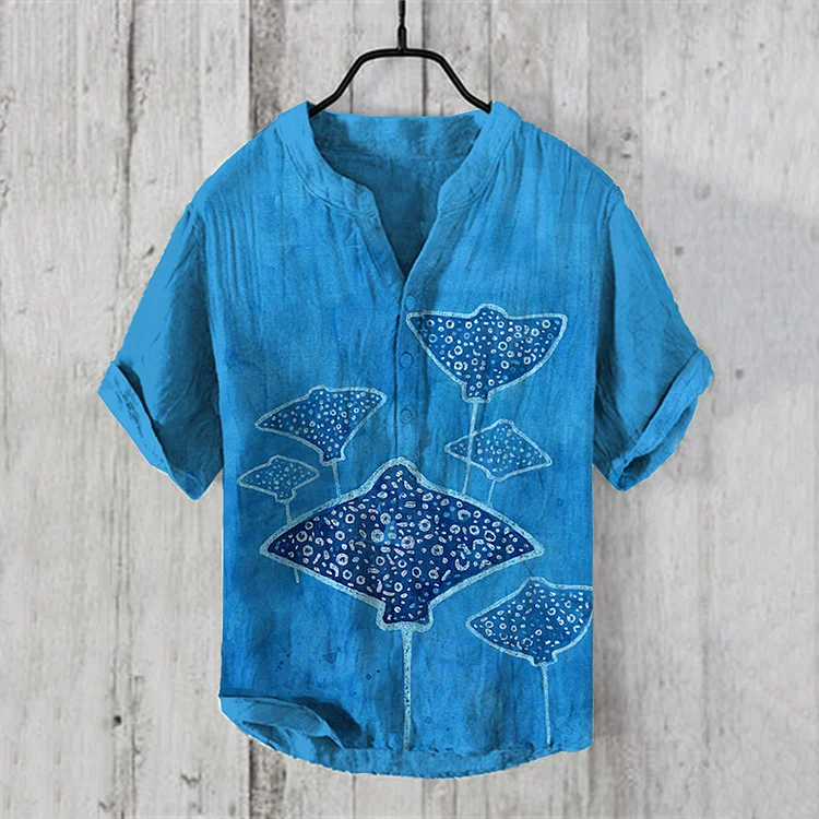 Manta Rays Ocean Art Print Linen Blend Casual Shirt