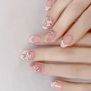 Bayuyun 24Pcs/Set Coffee Leopard French Fake Nails with Diamonds Japan Korean Artificial Acrylic Press on Nails Removable Stick on Nails
