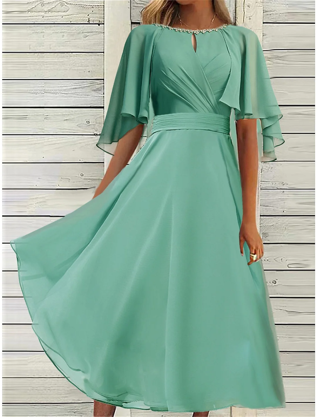 Women Short Sleeve Scoop Neck Solid Midi Dress