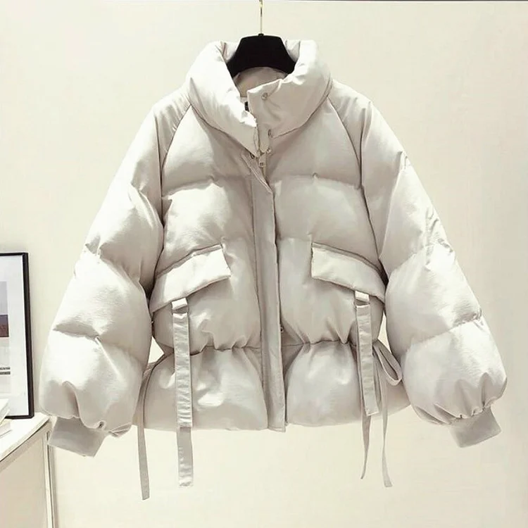 Simple Solid Color Stand Collar Cotton-padded Pockets Oversized Parkas Coat