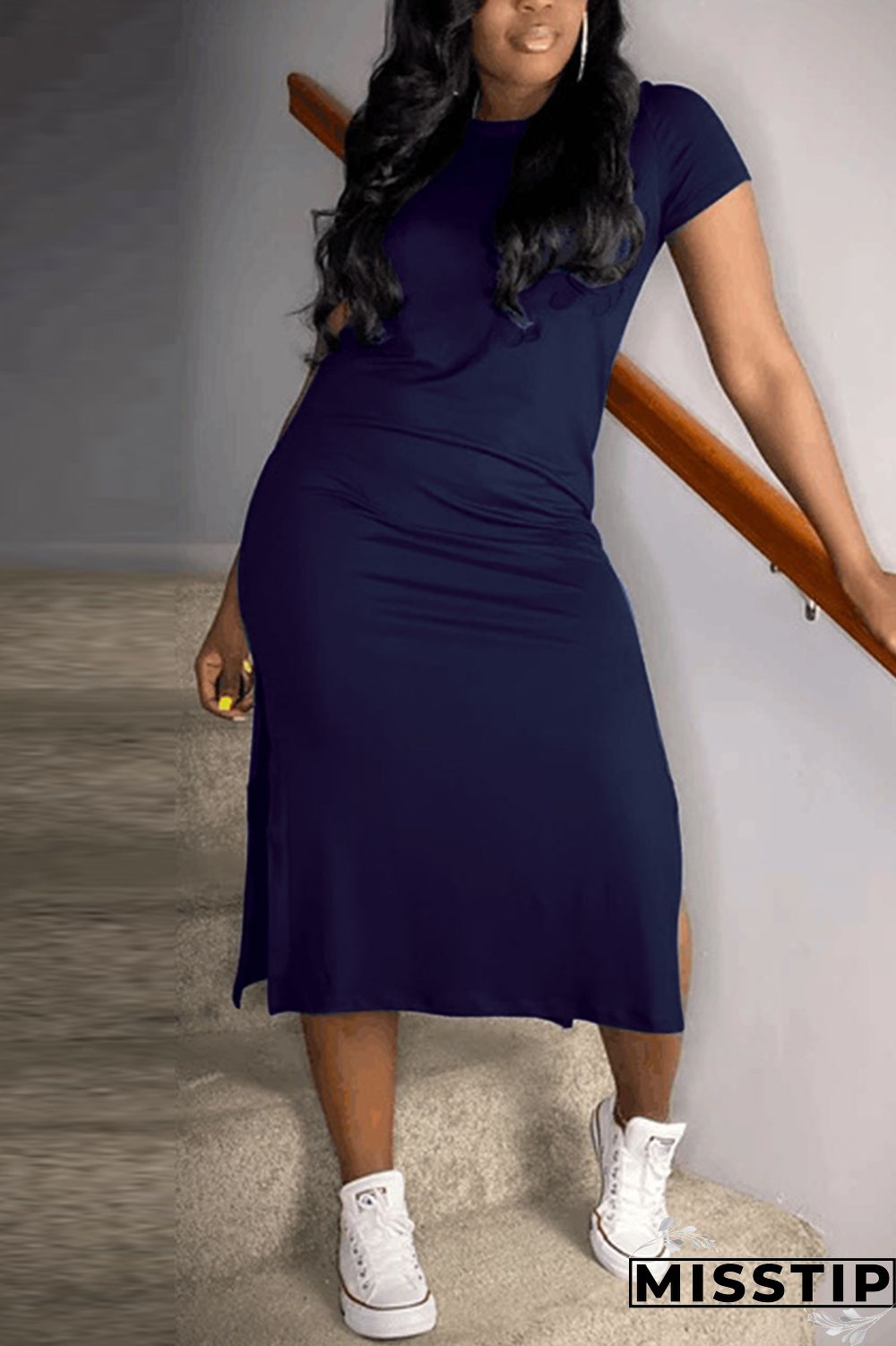 Hide Blue Sexy Short Sleeves O neck Swagger Knee-Length Solid split Dresses